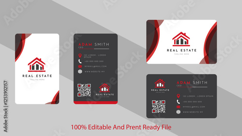 Real Estate Business Card Mockup: This professional, editable, and print-ready business card mockup features a sleek, modern design with a bold red house icon and a black and white color scheme.