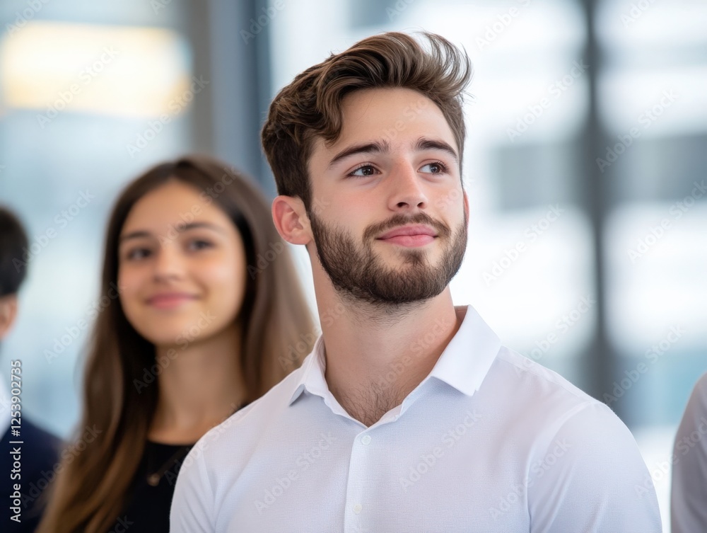 young professional looking up with team in background young professional looking up with team in background
