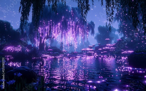 Magical glowing willow tree reflected in tranquil water at night.