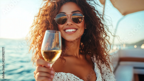 Savoring a cool white wine, a woman relaxes on a boat in the ocean, reveling in the warm sunlight and tranquil atmosphere, embodying the essence of vacation bliss and relaxation photo