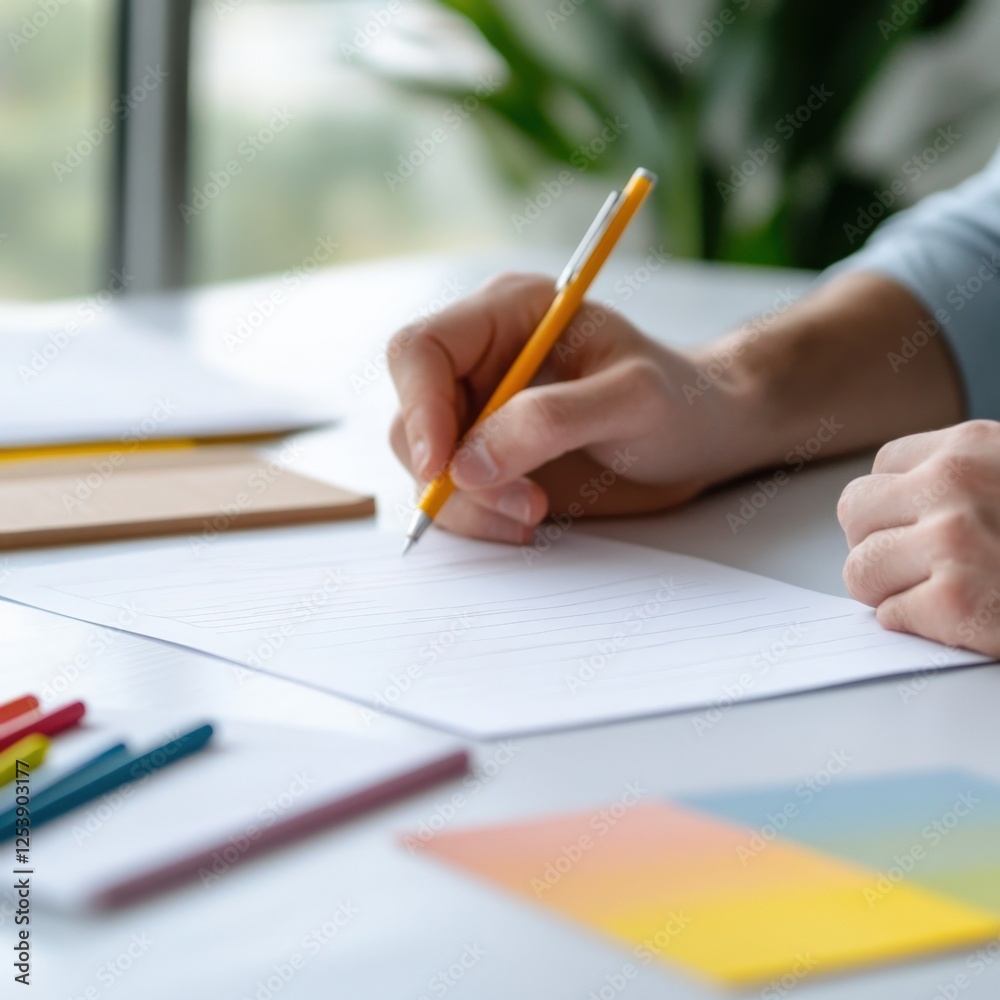 person writing on paper with a pen