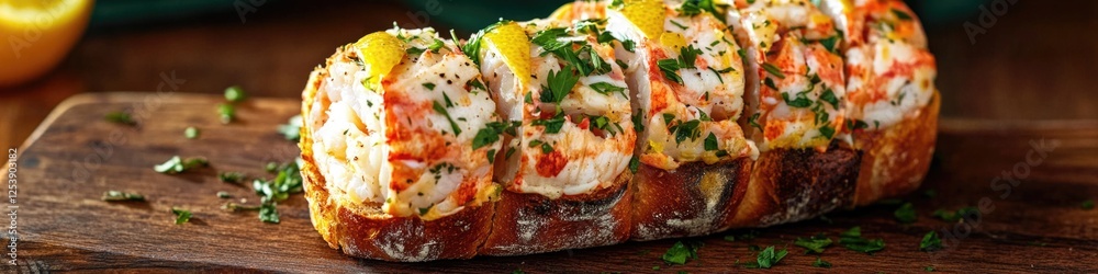 Freshly baked bread sliced and served with melted cheese and fresh herbs on a wooden cutting board Freshly baked bread sliced and served with melted cheese and fresh herbs on a wooden cutting board