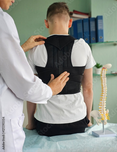 A doctor examines a patient using a back support device called a corset concept