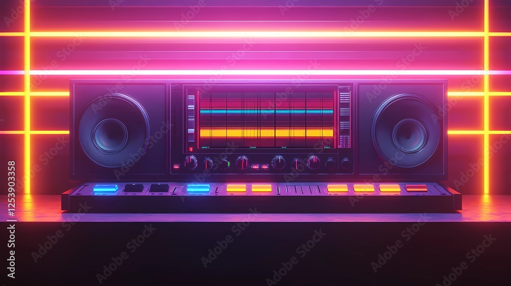 Fototapeta premium Retrowave objects in neon hues, showcasing a retro-futuristic look with 1980s elements, rendered in comic book style