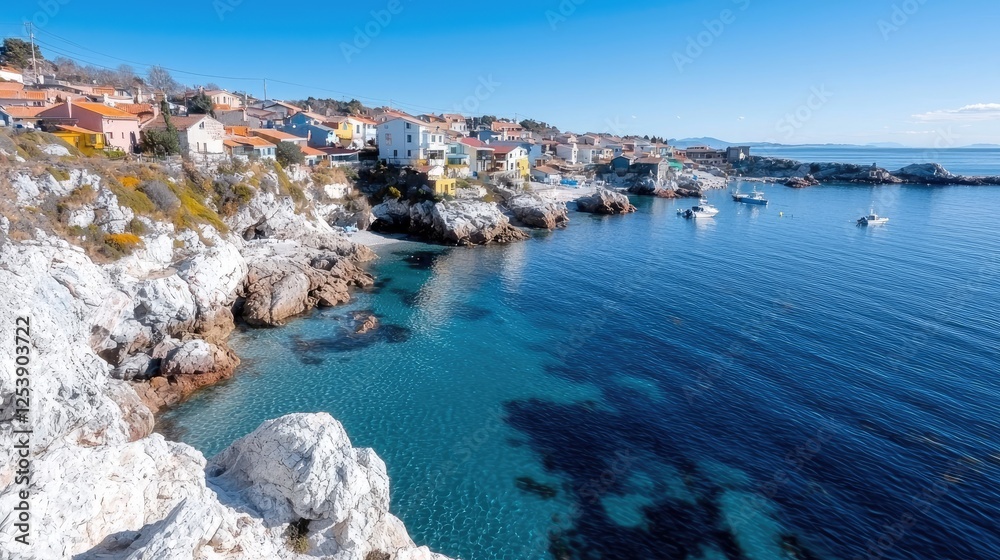 Obraz premium Scenic coastal village with houses perched on rocky cliffs overlooking a clear turquoise bay under a bright blue sky.