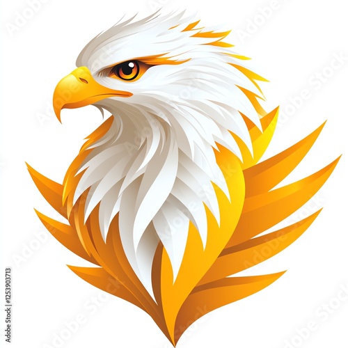 A majestic stylized eagle with vibrant golden feathers, representing strength and freedom. Ideal for projects related to nature, wildlife, or patriotic themes. photo