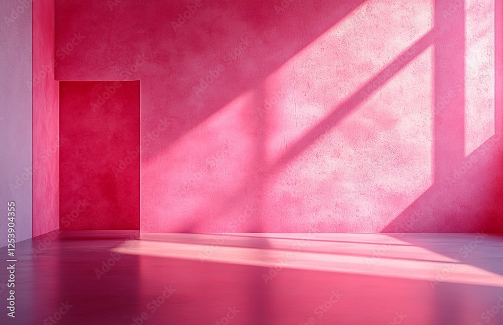 Obraz premium Empty interior Minimal scene. Modern 3d pink living room, office or gallery with shadows and sunlight from the window. Realistic wall mockup design for background