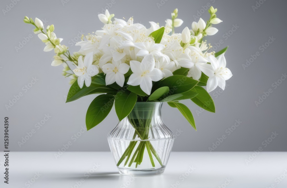 A bouquet of white flowers in a transparent glass vase on a light background. Ideal for cards, invitations and elegant designs. A bouquet of white flowers in a transparent glass vase on a light background. Ideal for cards, invitations and elegant designs.