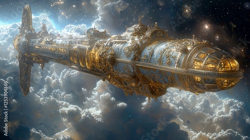 Fototapeta Naklejka Na Ścianę i Meble -  Ornate steampunk spaceship soaring through clouds and stars.
