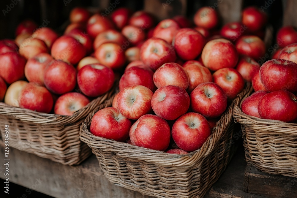 Red apples filling wicker baskets at farmers market displaying fresh produce Red apples filling wicker baskets at farmers market displaying fresh produce