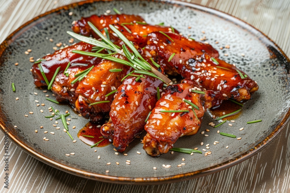 Glazed chicken wings garnished with rosemary. Neural network AI generated Glazed chicken wings garnished with rosemary. Neural network AI generated