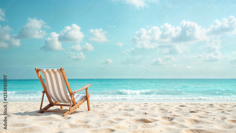 A beach chair sits invitingly on white sand, overlooking the turquoise sea under a partly cloudy sky. Relaxation and vacation vibes are prominent. A beach chair sits invitingly on white sand, overlooking the turquoise sea under a partly cloudy sky. Relaxation and vacation vibes are prominent.