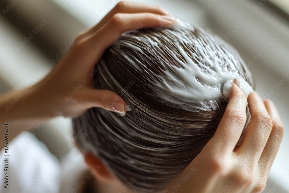 Naklejka premium A woman grooms herself in front of a window, a common morning routine