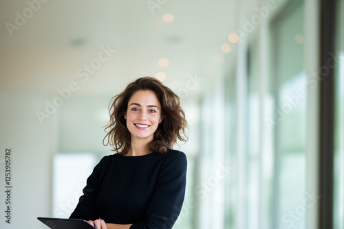 Smiling woman with tablet exuding professionalism in a modern office setting