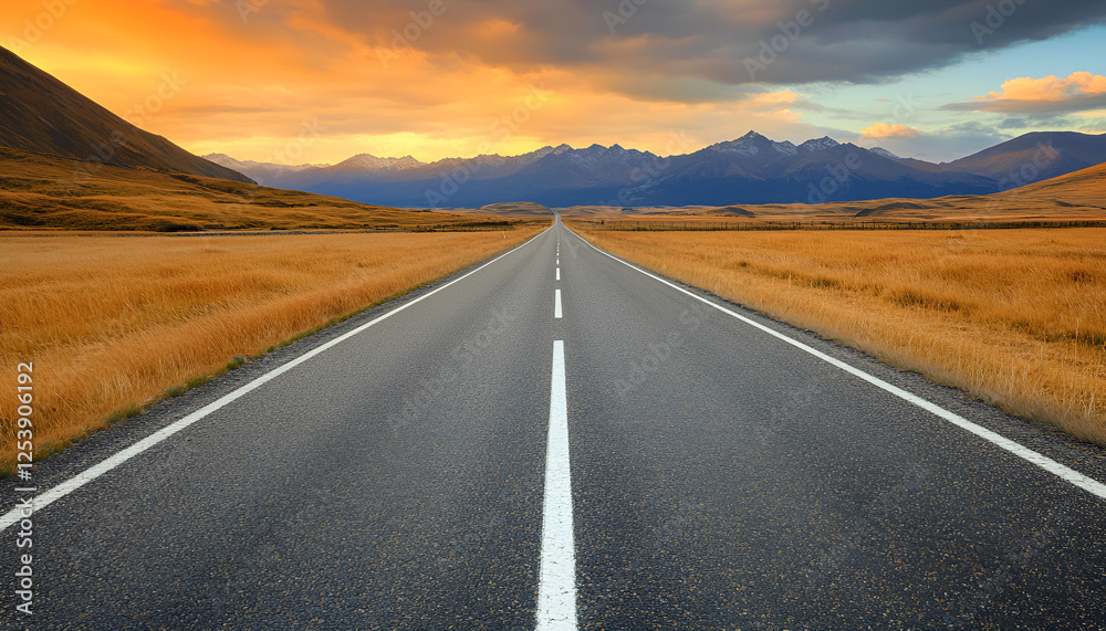 Fototapeta premium Endless highway during vibrant sunset with dramatic clouds over vast landscape