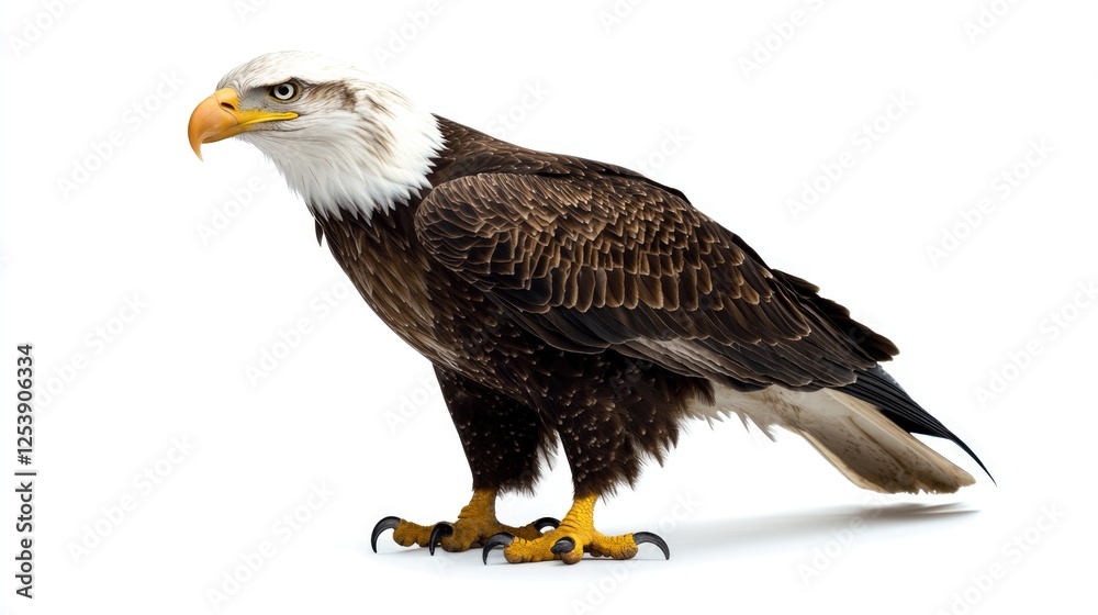 Fototapeta premium A bald eagle perched on a clean white surface, looking straight ahead