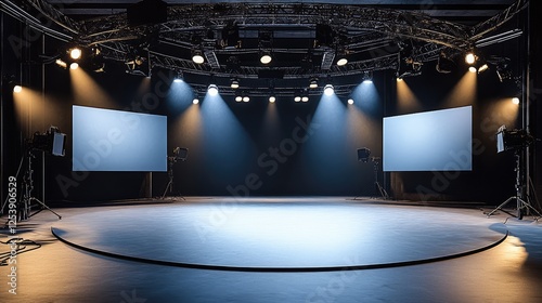 A modern studio space with lighting and screens, ideal for presentations or performances.