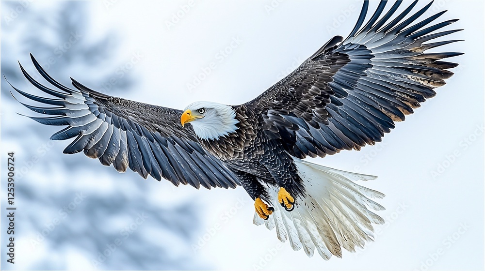 Obraz premium Bald eagle soaring, snowy background, wildlife, nature