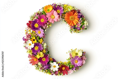 A creative arrangement of colorful flowers forms the shape of the letter 'c'