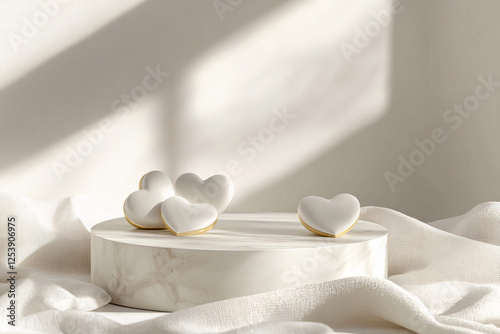 White podium for products with hearts.