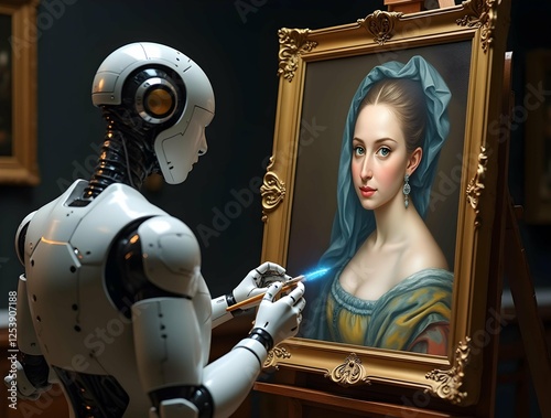 Humanoid robot artist painting classical portrait of elegant woman in Renaissance style, featuring ornate golden frame and futuristic digital brush