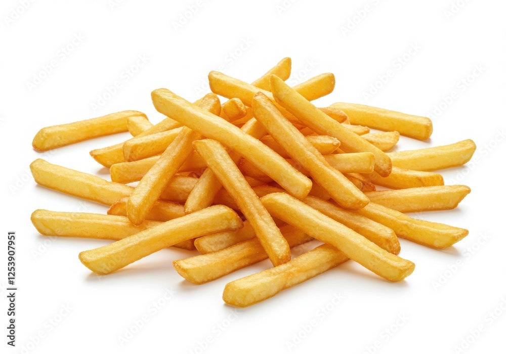 A high-quality close-up photograph of a pile of crispy, golden-brown French fries on a clean, white background. A high-quality close-up photograph of a pile of crispy, golden-brown French fries on a clean, white background.