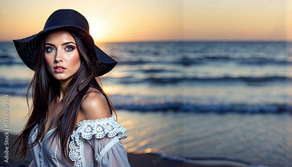 Stylish young woman in off-shoulder top and wide-brimmed hat posing at sunset on the beach Stylish young woman in off-shoulder top and wide-brimmed hat posing at sunset on the beach