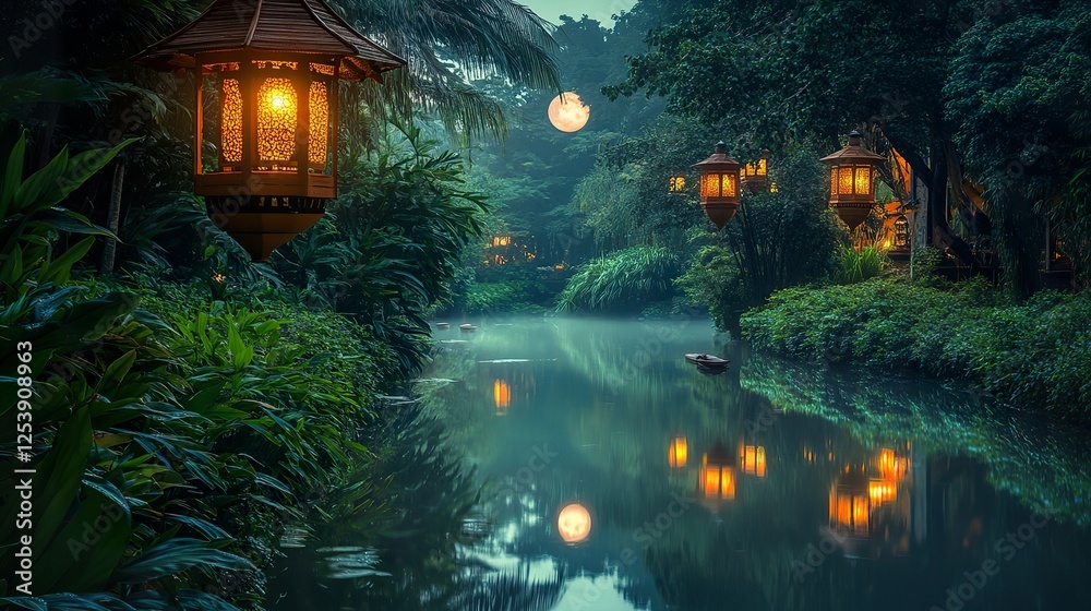 Obraz premium CalmreflectionsofRamadanmoonlightonaquiet,stillriversurroundedbylushgreeneryandtraditionallanterns