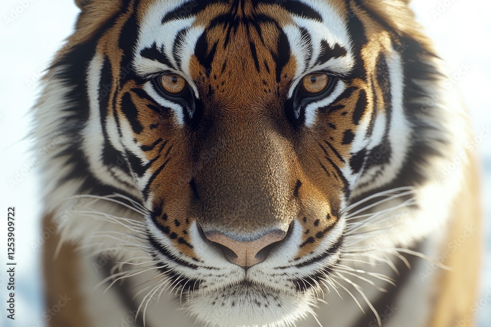 Naklejka premium A close-up shot of a tiger's face covered in snow, looking straight at the camera