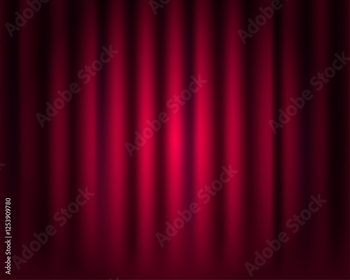 Closed red velvet curtain stage background illuminated with spotlight beam. Realistic vector illustration. Theatre, show, cinema, performance and entertainment concept backdrop.
