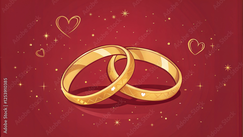 Elegant gold wedding rings with sparkling details and romantic hearts on a red background