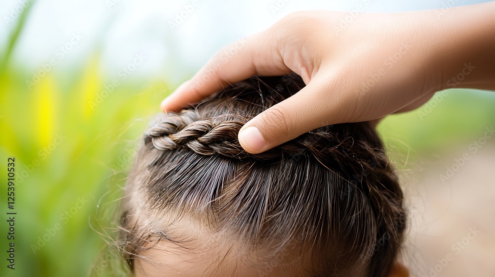 Fototapeta premium Close-up of a child's hand styling a braided hairstyle outdoors with lush greenery in the background