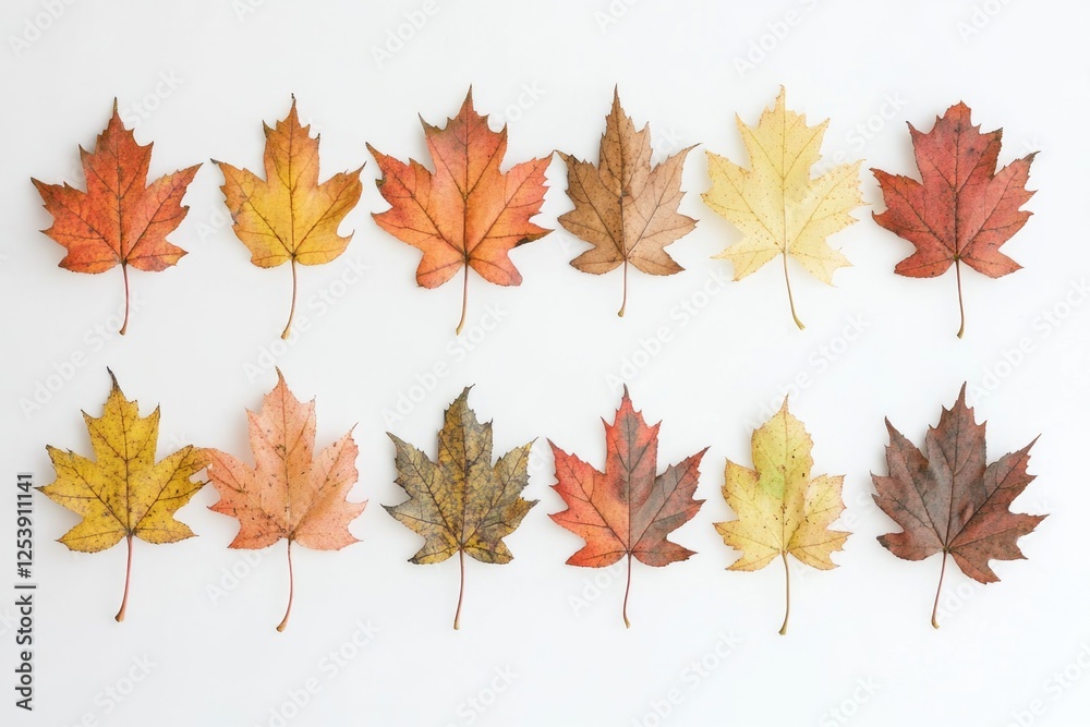 Fototapeta premium A collection of colorful leaves arranged on a white surface