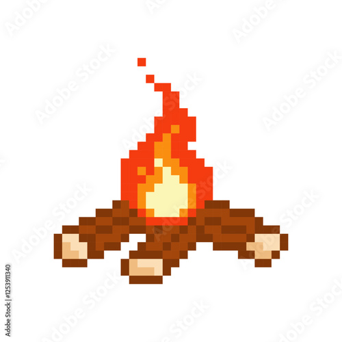 Small burning pixel bonfire. Wood fire starting to flare up with warm atmosphere of picnic and relaxation after hiking trip.