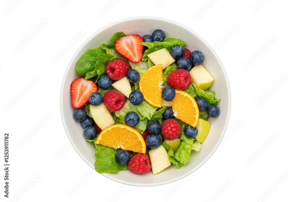 A fresh salad in a white bowl containing lettuce, assorted berries, orange slices and apple chunks isolated on white background A fresh salad in a white bowl containing lettuce, assorted berries, orange slices and apple chunks isolated on white background