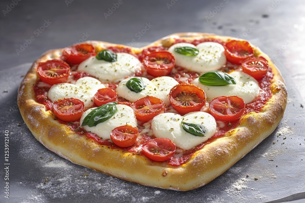 A heart-shaped pizza topped with tomatoes and mozzarella cheese, perfect for romantic dinner or special occasion A heart-shaped pizza topped with tomatoes and mozzarella cheese, perfect for romantic dinner or special occasion