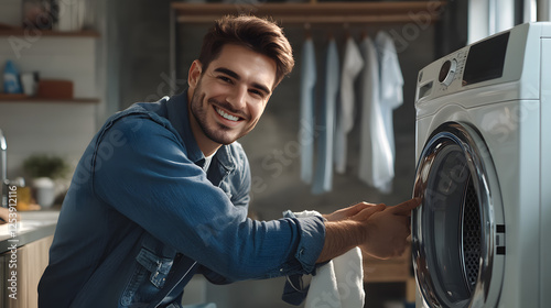 A smiling man in blue work is repairing the washing machine at home
