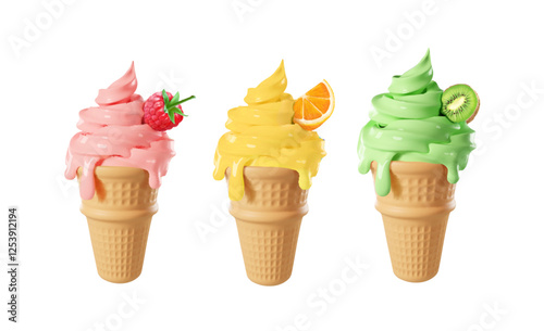 Ice creams 3d collection. Fruit dripping ice cream set in a waffle cone isolated background. Kiwi, raspberry, orange taste flavor Vector realistic