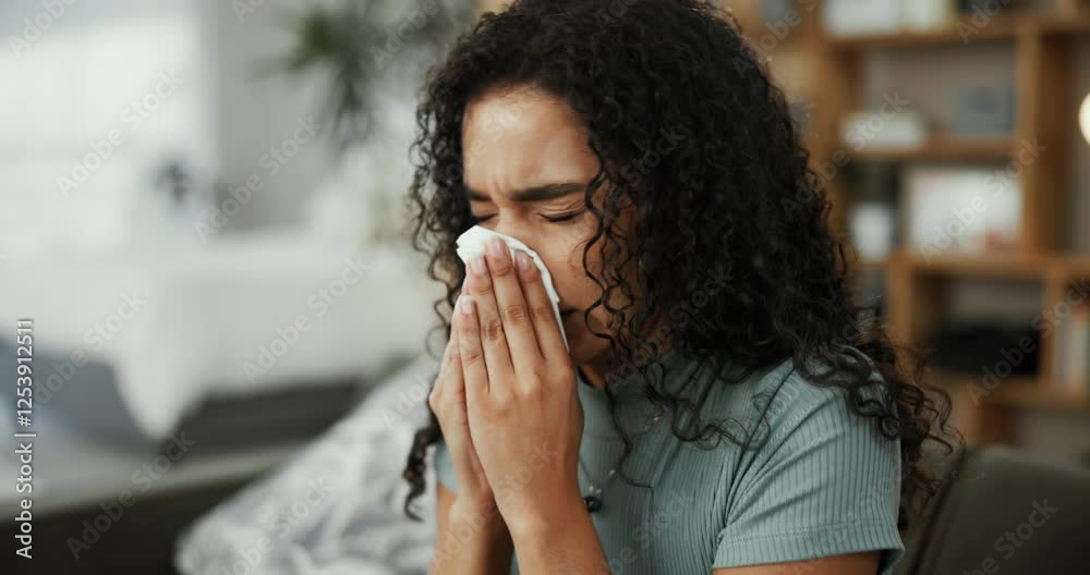 Blowing nose, tissue and sick with woman on sofa for flu season, pneumonia infection and illness. Hayfever, sneeze and allergy with person in living room at home for recovery, disease and cold