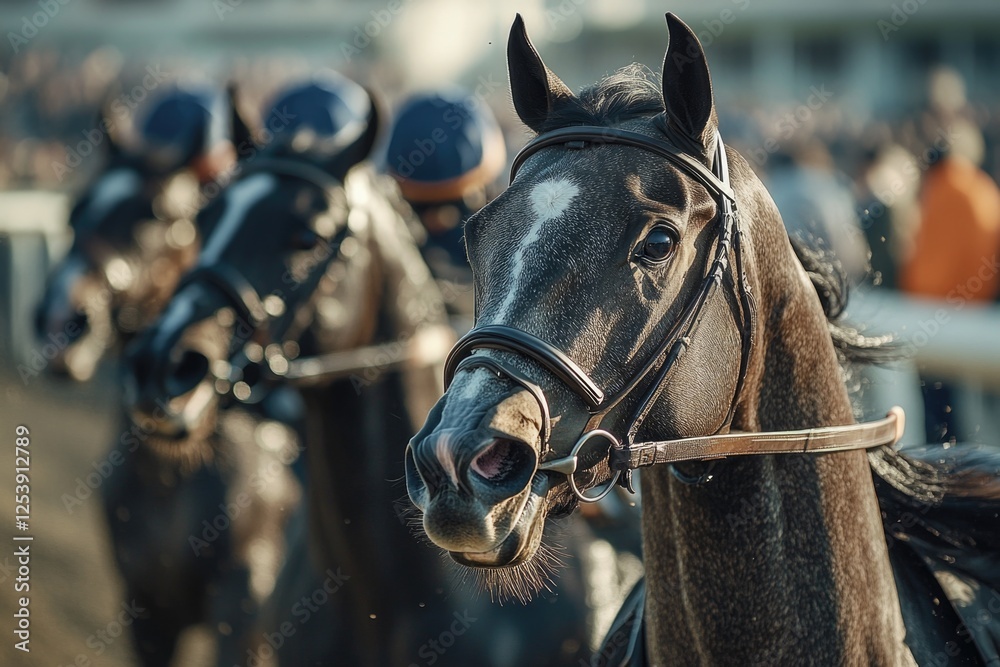Obraz premium A close-up view of a rider sitting on the back of a horse, with the horse's face and mane visible