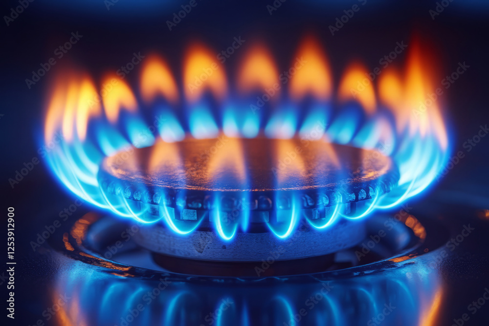 Blue gas flame burning on stove burner Blue gas flame burning on stove burner