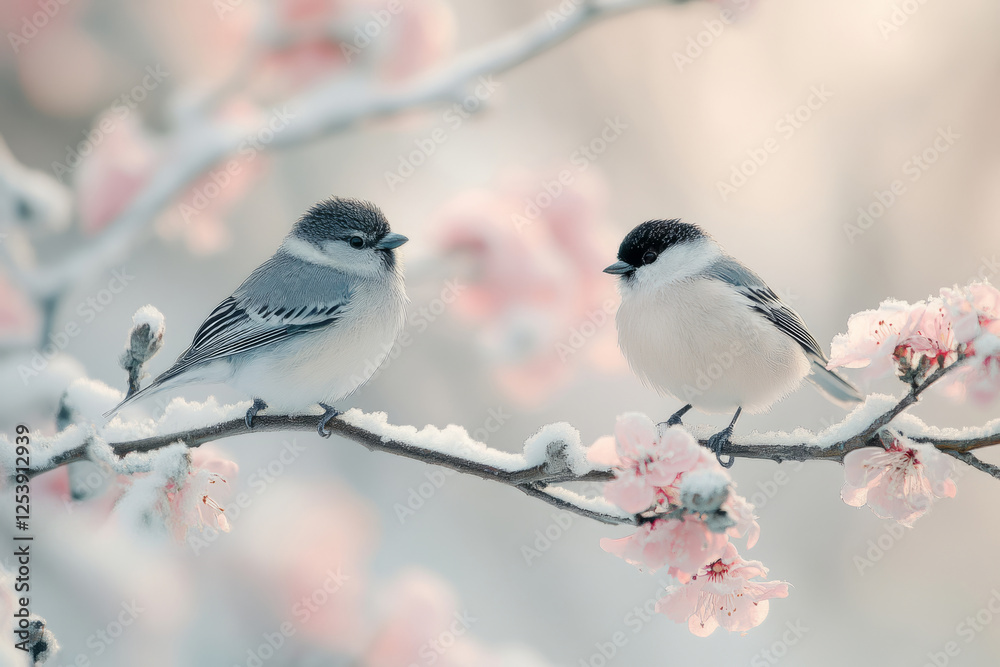 Two birds on blooming tree branch in winter Two birds on blooming tree branch in winter