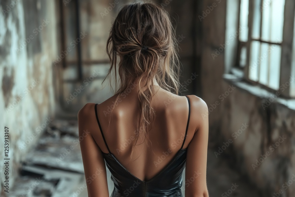 Fashion model posing showing back in abandoned building