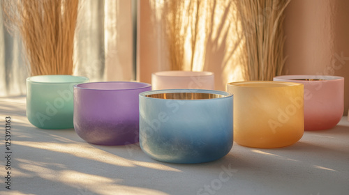 Colorful Crystal Singing Bowls in Soft Light