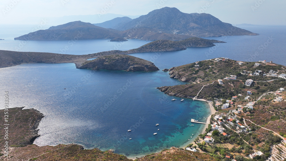 Obraz premium Aerial drone photo amazing landscape and paradise beaches in fjord shaped island of Fournoi Ikarias ensuring and relaxing vacations untouched by tourism, North Aegean sea, Greece