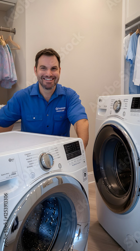 A smiling man in blue work is repairing the washing machine at home
