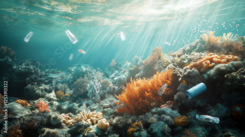 Environmental pollution concept. Underwater Coral Reef Scene Showing Plastic Pollution and Marine Debris