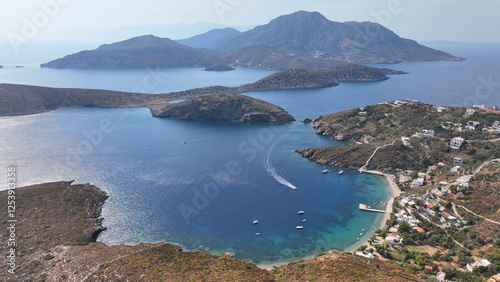 Aerial drone photo amazing landscape and paradise beaches in fjord shaped island of Fournoi Ikarias ensuring and relaxing vacations untouched by tourism, North Aegean sea, Greece photo