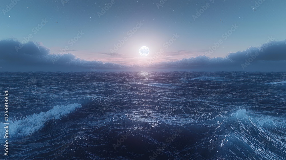 Fototapeta premium Moonlit seascape with gentle waves under a pastel colored sky at dusk