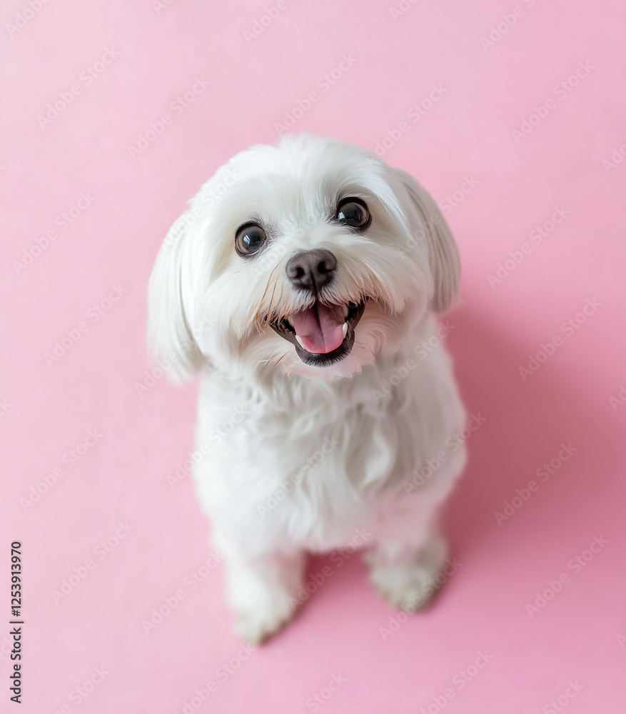 Adorable Maltese dog with a fluffy coat and happy expression on a cute pink background Adorable Maltese dog with a fluffy coat and happy expression on a cute pink background
